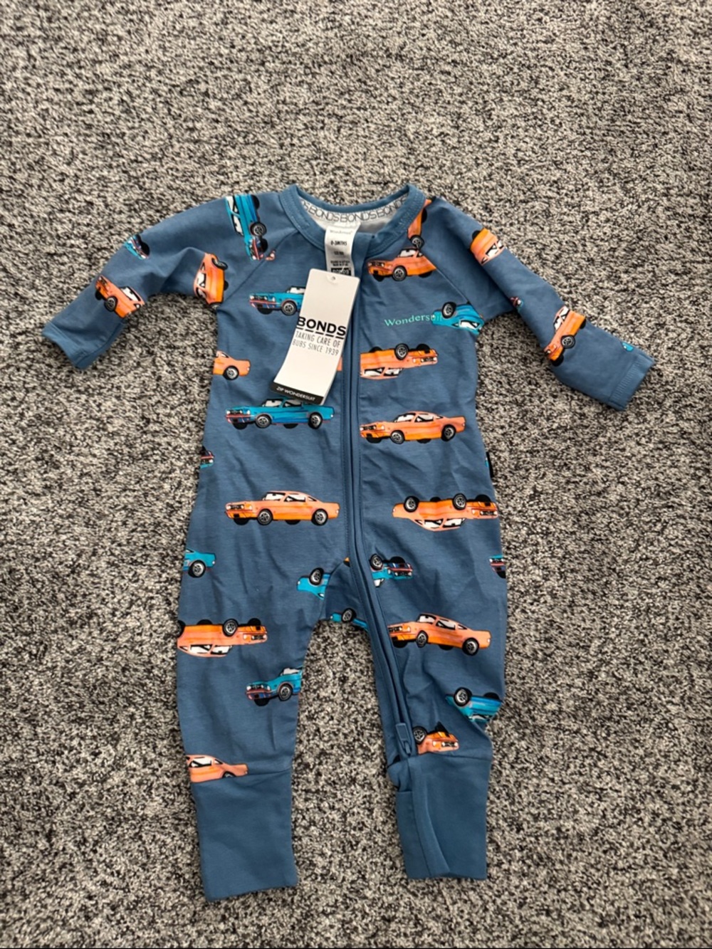 Bonds Blue Kids Zip-Front One-Piece with Orange & Teal Car Print